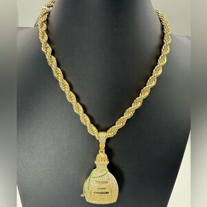 Gold Tone Rope Chunky Thick Chain Tequila Bottle Pendant 18inch 8mm street style